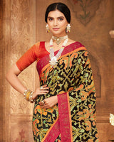 Vishal Prints Black Printed Silk Brasso Saree With Weaved Satin Patta And Diamond Work