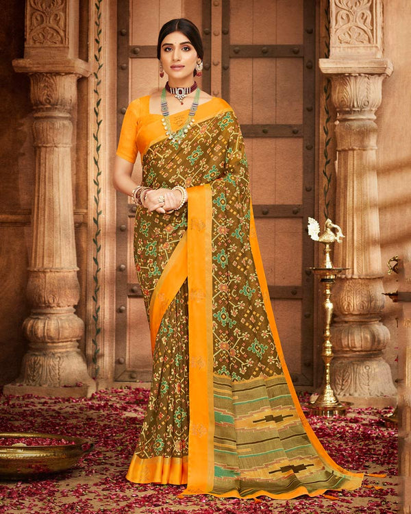 Vishal Prints Dark Mustard Printed Silk Brasso Saree With Weaved Satin Patta And Diamond Work