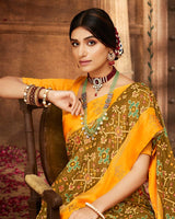 Vishal Prints Dark Mustard Printed Silk Brasso Saree With Weaved Satin Patta And Diamond Work
