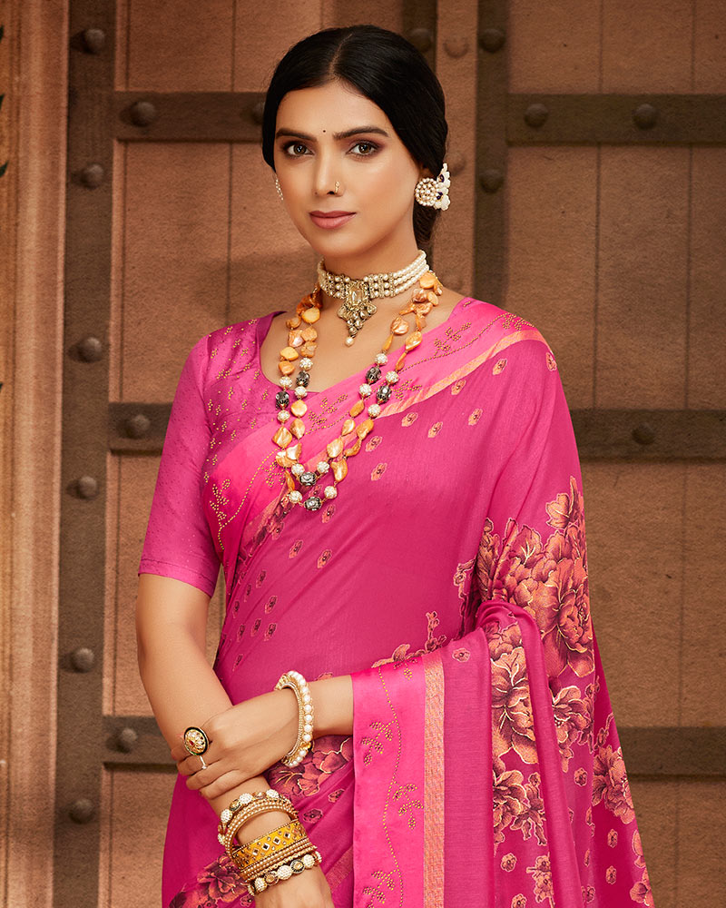 Vishal Prints Hot Pink Printed Silk Brasso Saree With Weaved Satin Patta And Diamond Work