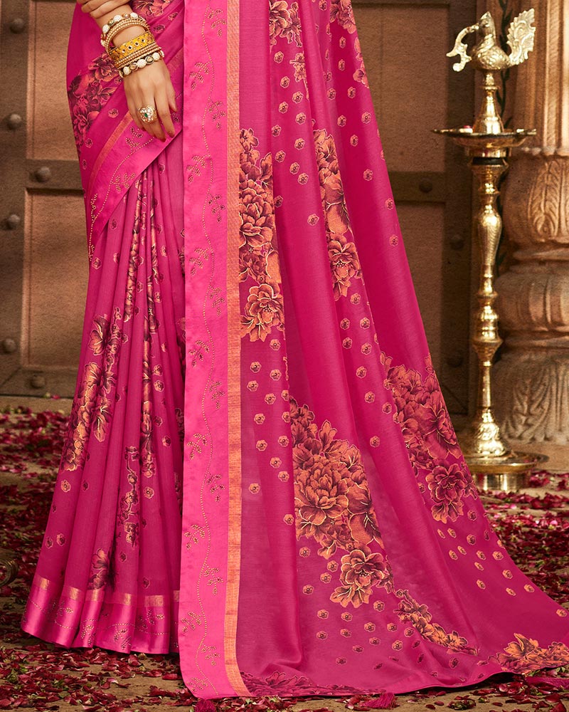 Vishal Prints Hot Pink Printed Silk Brasso Saree With Weaved Satin Patta And Diamond Work