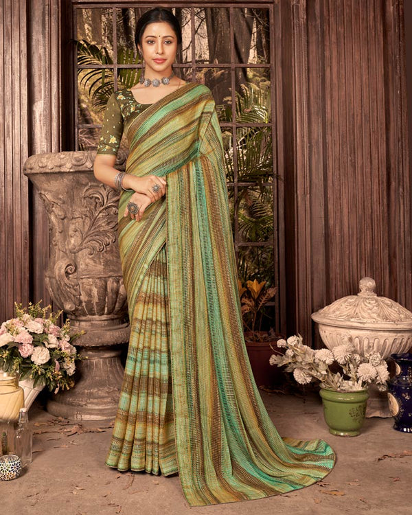 Vishal Prints Dark Mint Green Fancy Chiffon Digital Print Saree With Core Piping