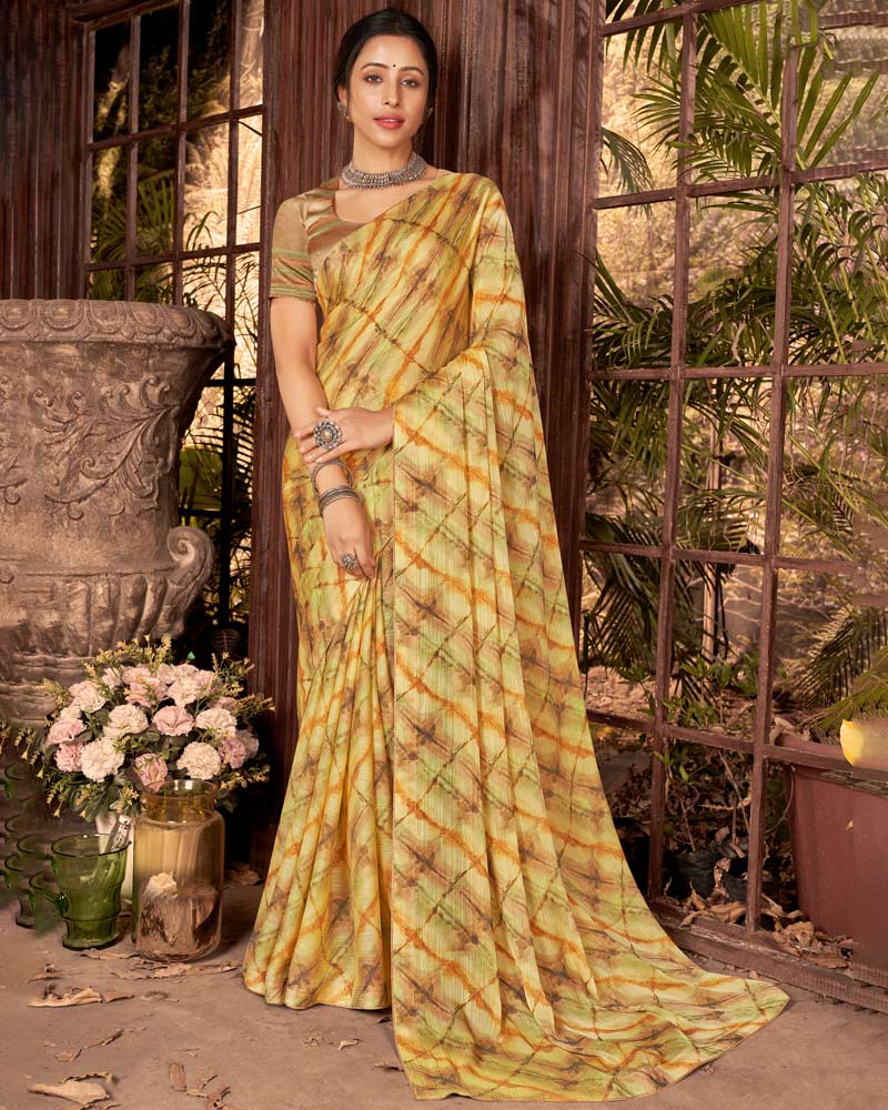 Vishal Prints Pastel Yellow Fancy Chiffon Digital Print Saree With Core Piping