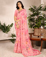 Vishal Prints Rose Pink Printed Georgette Saree With Satin Border