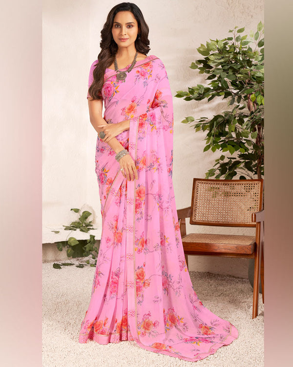 Vishal Prints Baby Pink Printed Georgette Saree With Satin Border