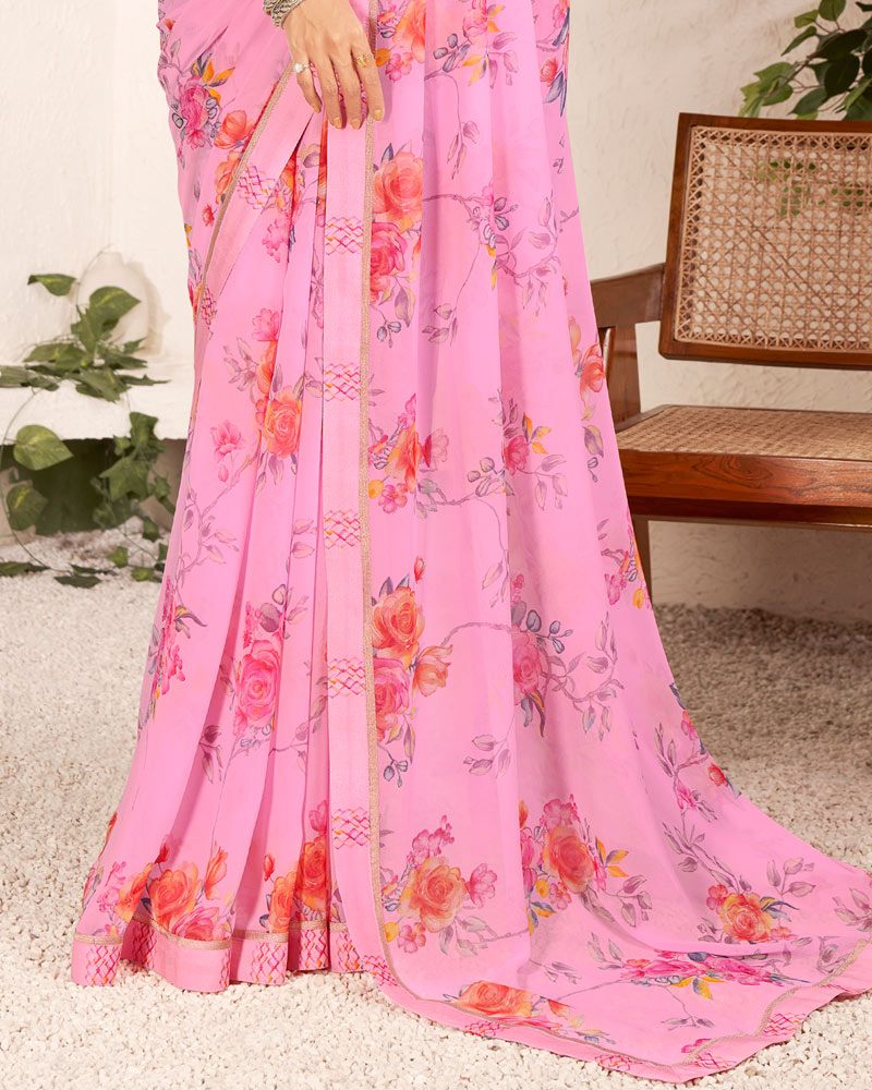 Vishal Prints Baby Pink Printed Georgette Saree With Satin Border