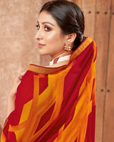 Vishal Prints Red And Yellowish Orange Printed Georgette Saree With Zari Border