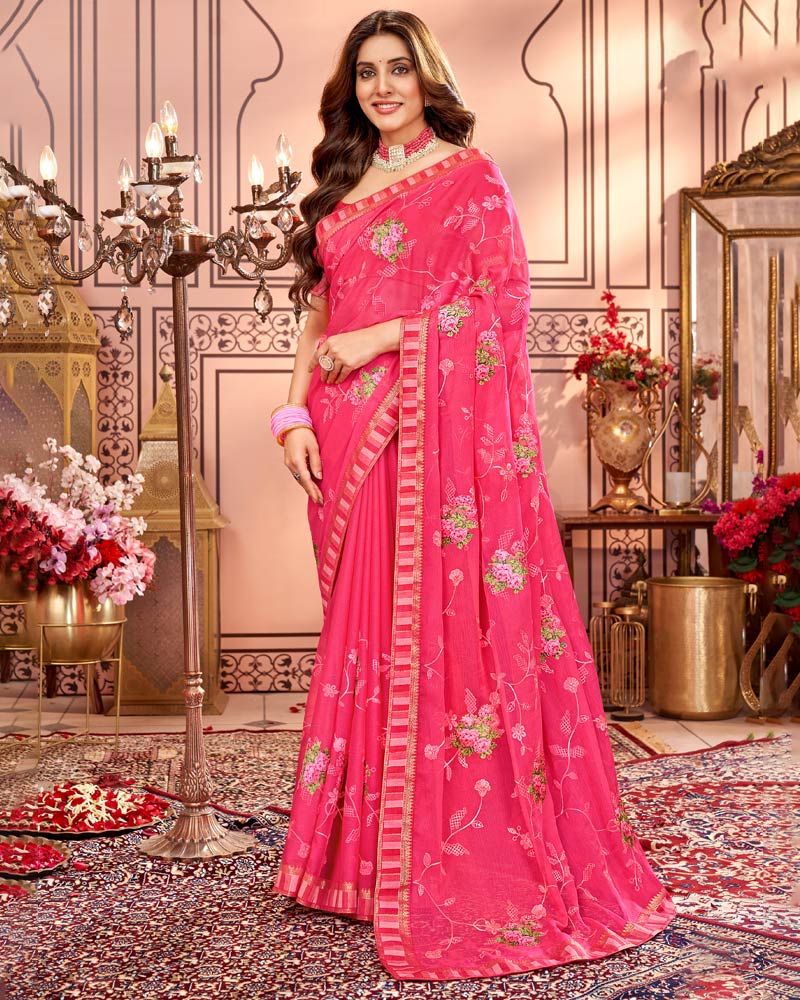 Vishal Prints Red Pink Designer Chiffon Saree With Embroidery Diamond Work And Fancy Border