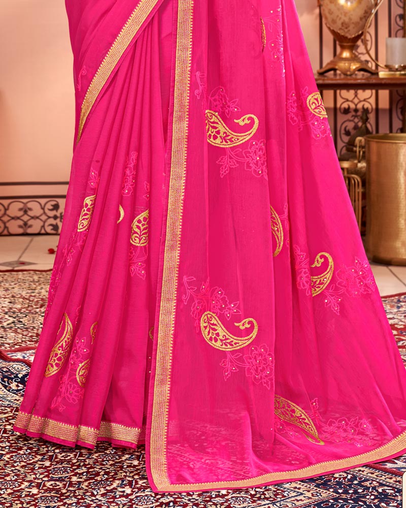Vishal Prints Hot Pink Designer Chiffon Saree With Embroidery Diamond Work And Fancy Border