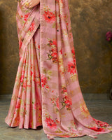 Vishal Prints Pink Patterned Chiffon Digital Print Saree With Tassel