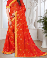 Vishal Prints Dark Orange Georgette Saree With Foil Print And Zari Border
