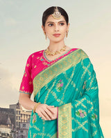 Vishal Prints Turquoise Silk Weaving Saree With Zari Border And Tassel