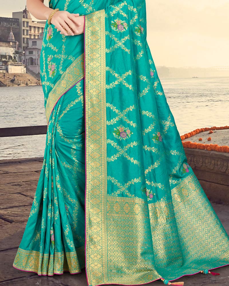 Vishal Prints Turquoise Silk Weaving Saree With Zari Border And Tassel