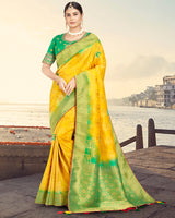 Vishal Prints Yellow Silk Weaving Saree With Zari Border And Tassel
