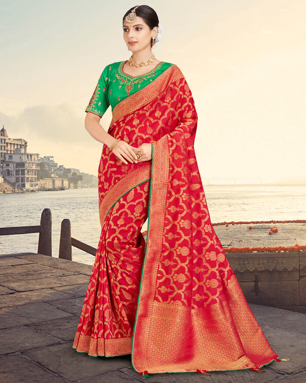 Vishal Prints Dark Red Silk Weaving Saree With Zari Border And Tassel