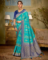 Vishal Prints Dark Turquoise Blue Art Silk Weaving And Zari Border Saree With Tassel