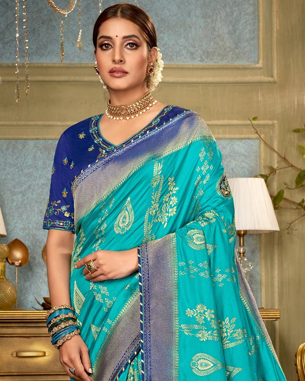 Vishal Prints Dark Turquoise Blue Art Silk Weaving And Zari Border Saree With Tassel