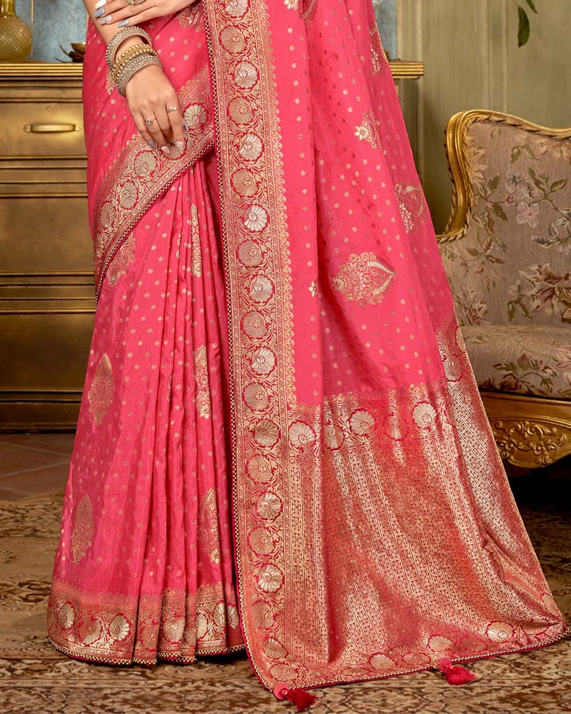 Vishal Prints Pastel Red Art Silk Weaving And Zari Border Saree With Tassel