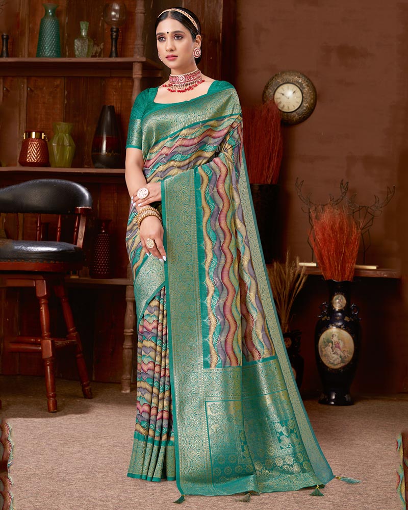 Vishal Prints Rama Green Dola Silk Designer Zari Weaving Saree With Tassel