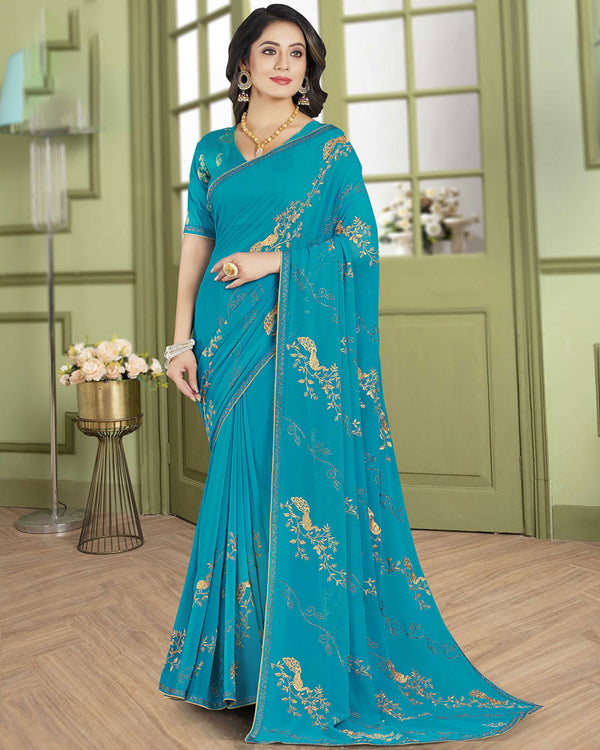 Vishal Prints Bondi Blue Designer Chiffon Saree With Embroidery Diamond Work And Core Piping