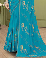 Vishal Prints Bondi Blue Designer Chiffon Saree With Embroidery Diamond Work And Core Piping