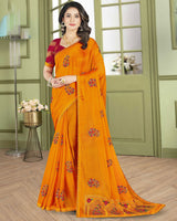 Vishal Prints Orange Designer Chiffon Saree With Embroidery Diamond Work And Core Piping
