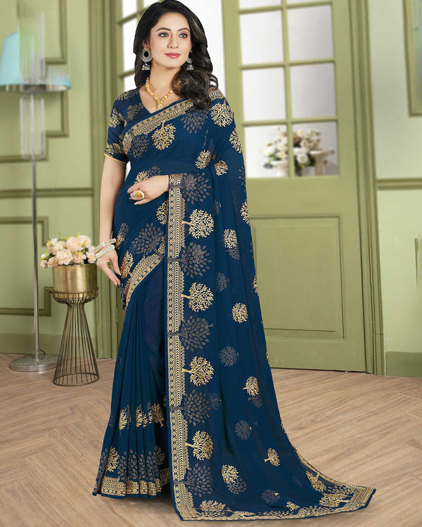 Vishal Prints Ink Blue Designer Chiffon Saree With Embroidery Diamond Work And Core Piping