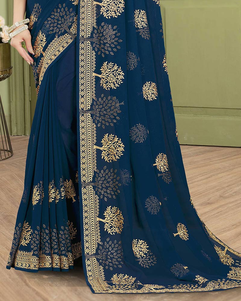 Vishal Prints Ink Blue Designer Chiffon Saree With Embroidery Diamond Work And Core Piping