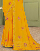 Vishal Prints Dark Yellow Designer Chiffon Saree With Embroidery Diamond Work And Core Piping