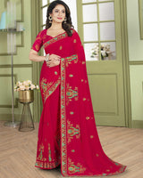 Vishal Prints Pinkish Red Designer Chiffon Saree With Embroidery Diamond Work And Core Piping