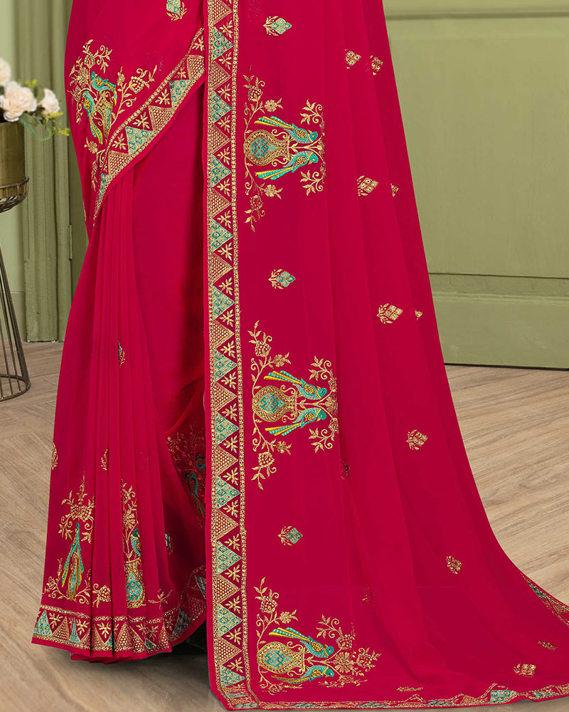 Vishal Prints Pinkish Red Designer Chiffon Saree With Embroidery Diamond Work And Core Piping