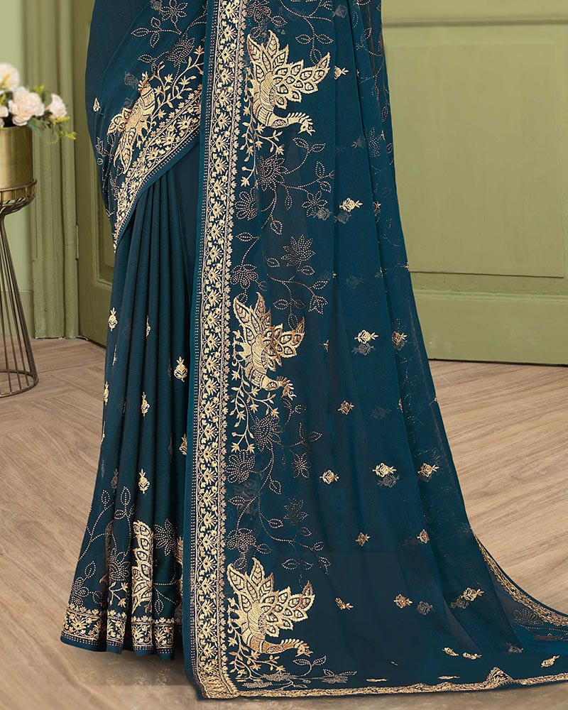 Vishal Prints Dark Teal Blue Designer Chiffon Saree With Embroidery Diamond Work And Core Piping
