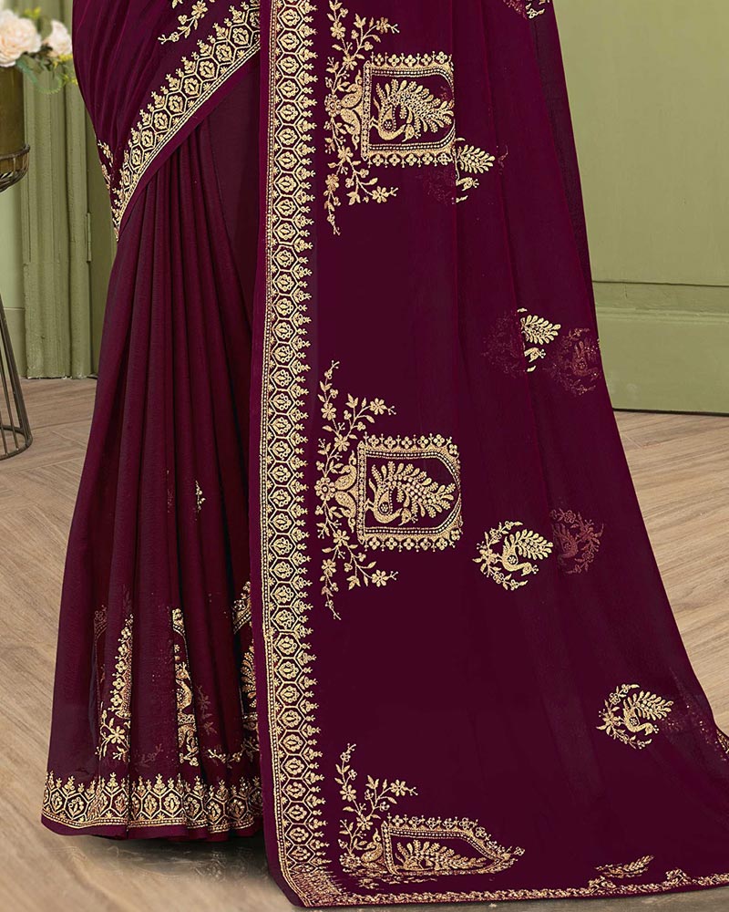 Vishal Prints Castro Red Designer Chiffon Saree With Embroidery Diamond Work And Core Piping