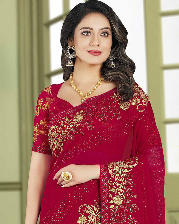 Vishal Prints Cherry Red Designer Chiffon Saree With Embroidery Diamond Work And Core Piping
