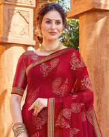 Vishal Prints Red Chiffon Patterned Saree With Foil Print And Fancy Lace Border