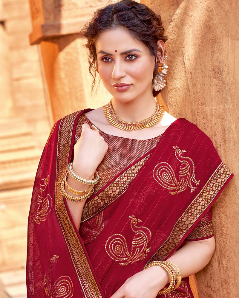 Vishal Prints Red Chiffon Patterned Saree With Foil Print And Fancy Lace Border
