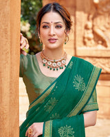 Vishal Prints Dark Green Chiffon Patterned Saree With Foil Print And Fancy Lace Border