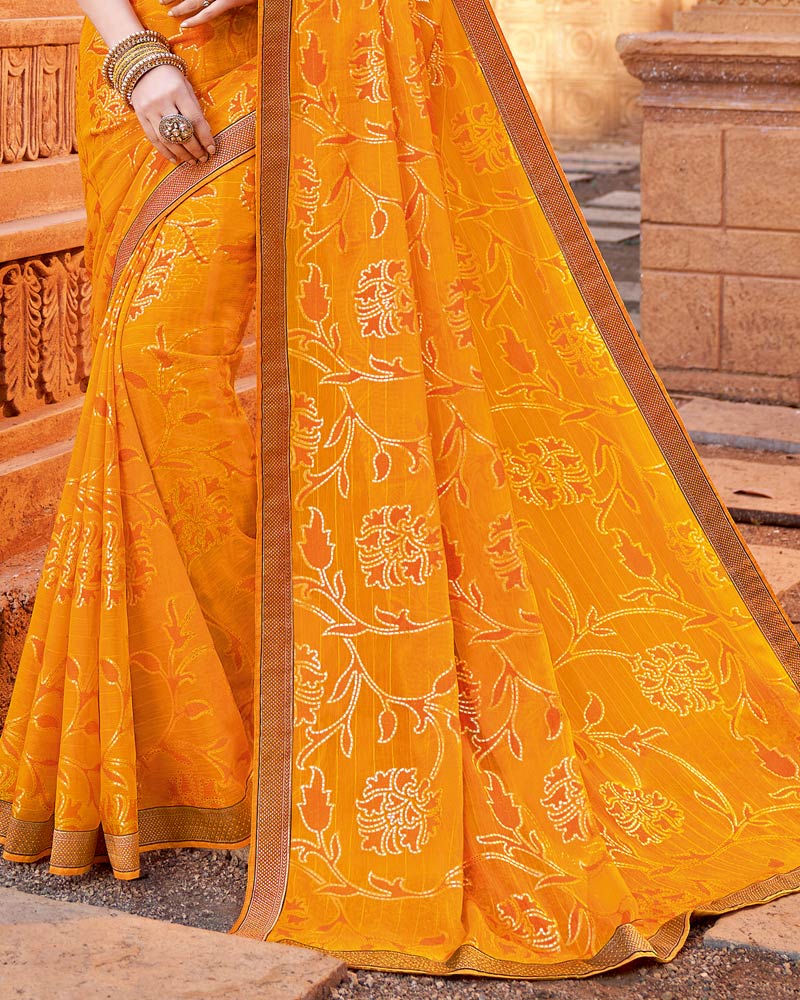 Vishal Prints Dark Orange Chiffon Patterned Saree With Foil Print And Fancy Lace Border