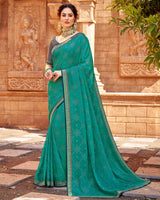 Vishal Prints Teal Chiffon Patterned Saree With Foil Print And Fancy Lace Border