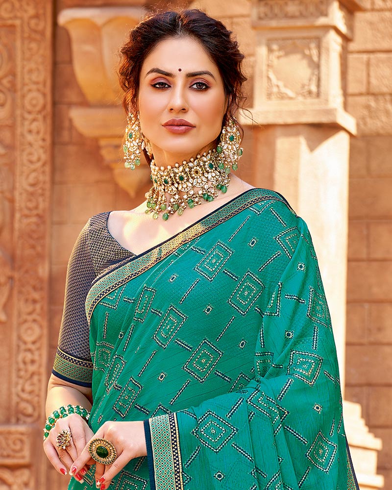 Vishal Prints Teal Chiffon Patterned Saree With Foil Print And Fancy Lace Border