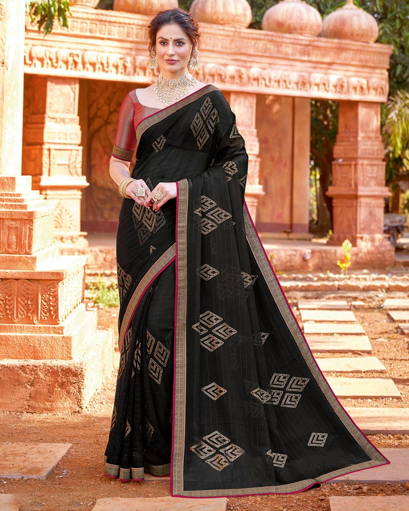 Vishal Prints Black Chiffon Patterned Saree With Foil Print And Fancy Lace Border
