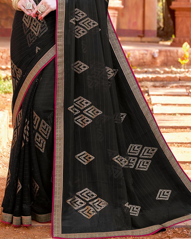 Vishal Prints Black Chiffon Patterned Saree With Foil Print And Fancy Lace Border