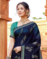 Vishal Prints Dark Blue Chiffon Patterned Saree With Foil Print And Fancy Lace Border