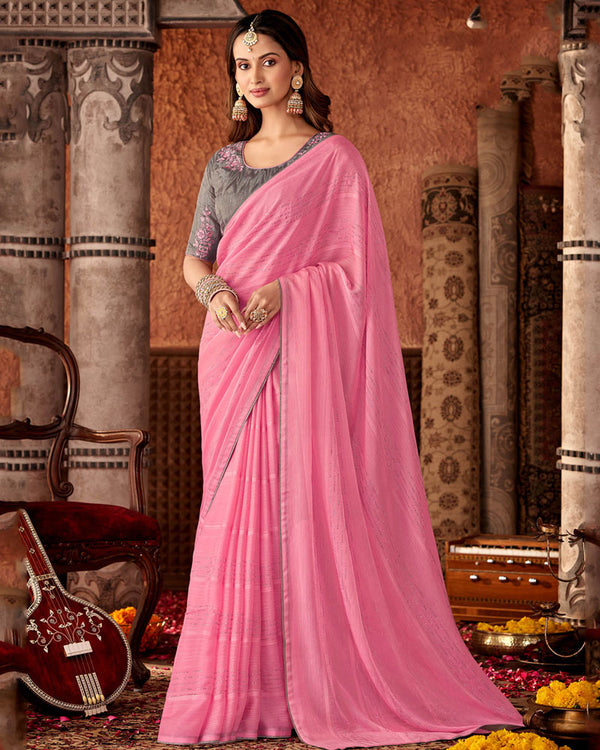 Vishal Prints Pink Designer Chiffon Saree With Diamond Work And Fancy Piping
