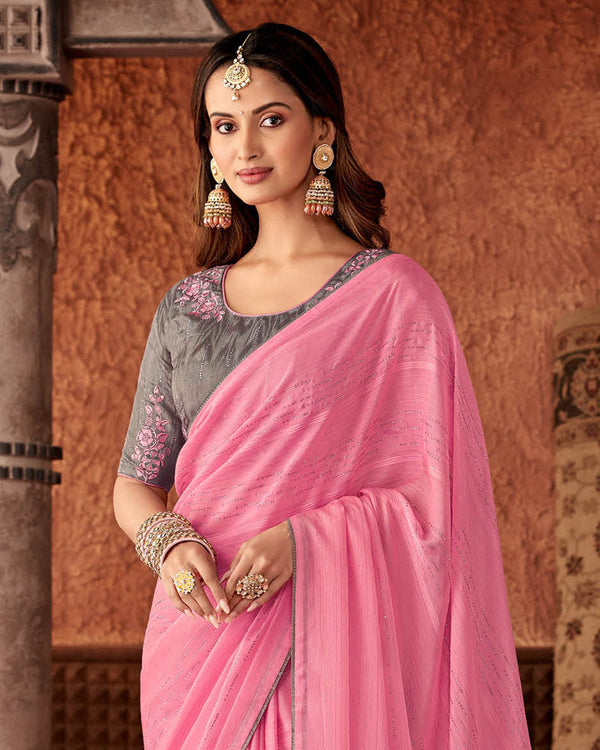 Vishal Prints Pink Designer Chiffon Saree With Diamond Work And Fancy Piping