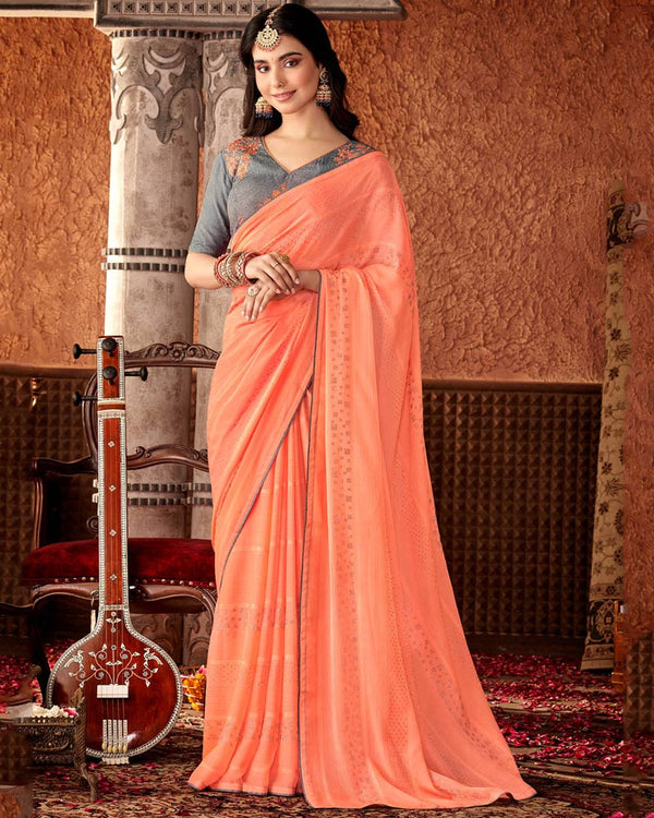 Vishal Prints Salmon Orange Designer Chiffon Saree With Diamond Work And Fancy Piping