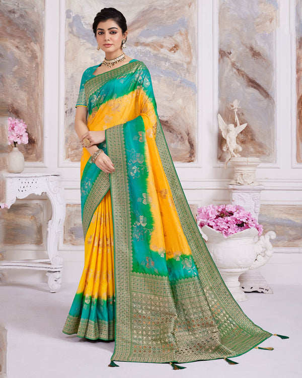 Vishal Prints Dark Yellow Designer Dola Silk Weaving And Diamond Work Saree With Core Piping