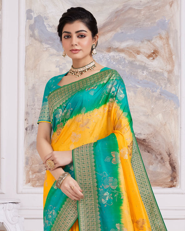 Vishal Prints Dark Yellow Designer Dola Silk Weaving And Diamond Work Saree With Core Piping