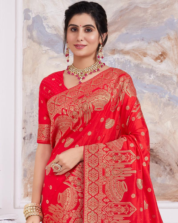 Vishal Prints Cherry Red Designer Dola Silk Weaving And Diamond Work Saree With Core Piping