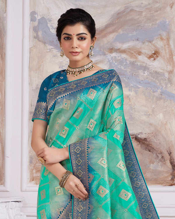 Vishal Prints Aqua Green Designer Dola Silk Weaving And Diamond Work Saree With Core Piping